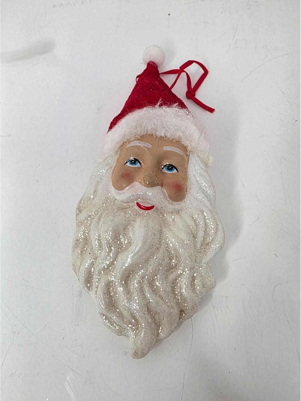 Santa Clause Ornament Glittery White Beard & Red Fabric Hat